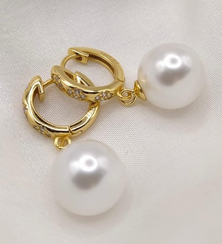 Kolczyki  srebrne pozłacane koła z cyrkoniami i wiszącą perłą