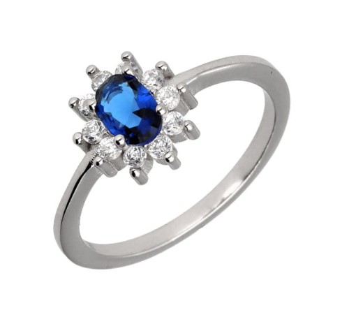 Pierścionek srebrny z szafirem i cyrkoniami 