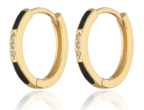 Kolczyki srebrne pozłacane kółka z cyrkoniami  i onyksem 1.3 cm