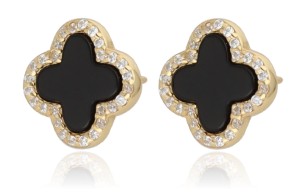 Kolczyki srebrne pozłacane koniczyna z onyksem i cyrkoniami