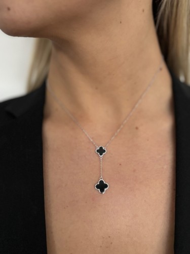 Łańcuszek srebrny pozłacany podwójna koniczyna z onyksem