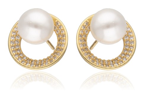 Kolczyki srebrne pozłacane koła z cyrkoniami i perłą