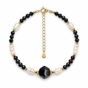 Bransoletka srebrna pozłacana - czarny spinel, perła