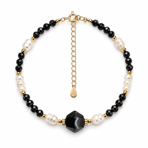 Bransoletka srebrna pozłacana - czarny spinel, perła