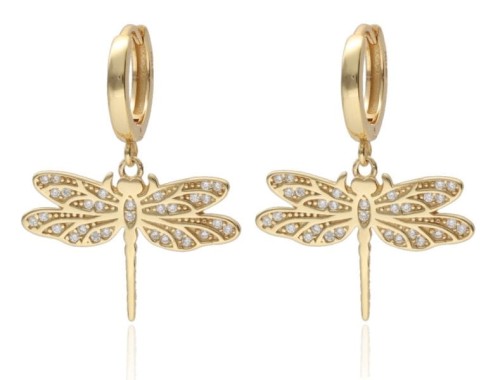 Kolczyki srebrne pozłacane kola z wiszącymi ważkami z cyrkoniami