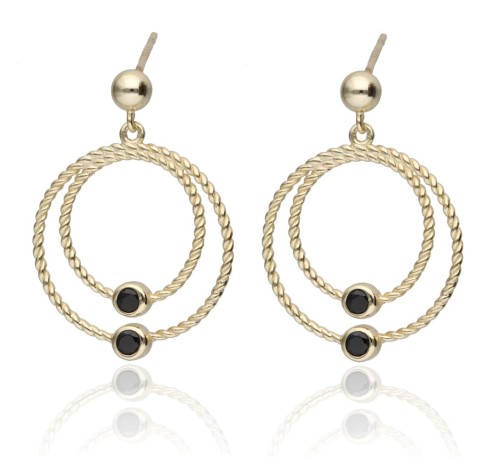 Kolczyki srebrne pozłacane  podwójne koła z czarną cyrkonią  