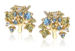 Kolczyki srebrne pozłacane drzewko szczęścia z niebieskimi cyrkoniami