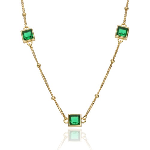 Naszyjnik srebrny pozłacany  z kwadratowymi zielonymi cyrkoniami