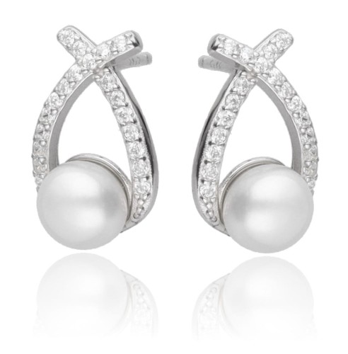 Kolczyki srebrne  półkola z cyrkoniami i perłą