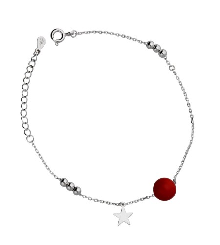 Bransoletka srebrna z wiszącą gwiazdą i czerwoną kulką
