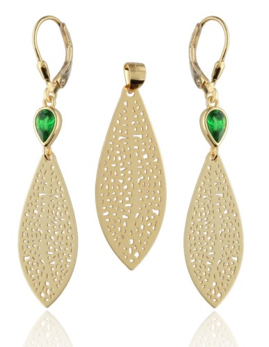 Komplet  srebrno pozłacane kolczyki + zawieszka z zieloną cyrkonią