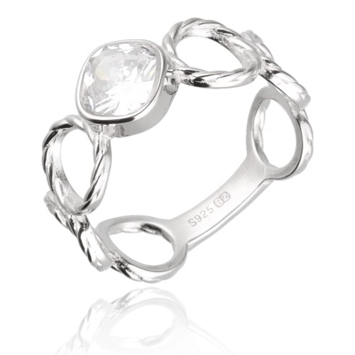 Pierścionek srebrny  skręcone koła z cyrkonią